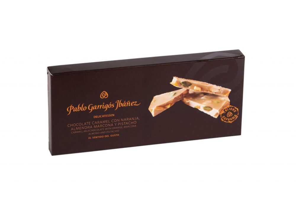 CHOCOLATE CARAMEL CON NARANJA, ALMENDRA MARCONA Y PISTACHO DELICATESSEN 200G