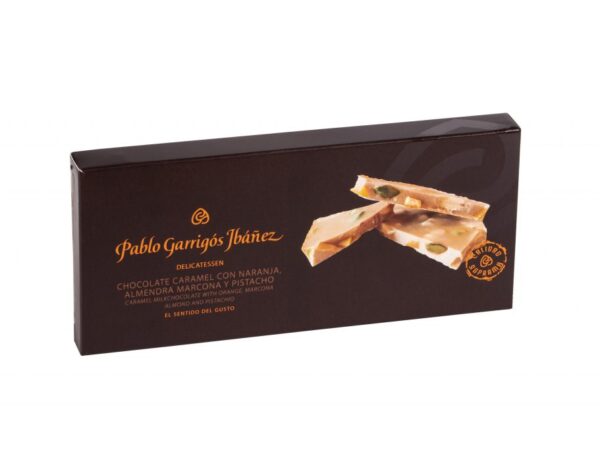 CHOCOLATE CARAMEL CON NARANJA, ALMENDRA MARCONA Y PISTACHO DELICATESSEN 200G