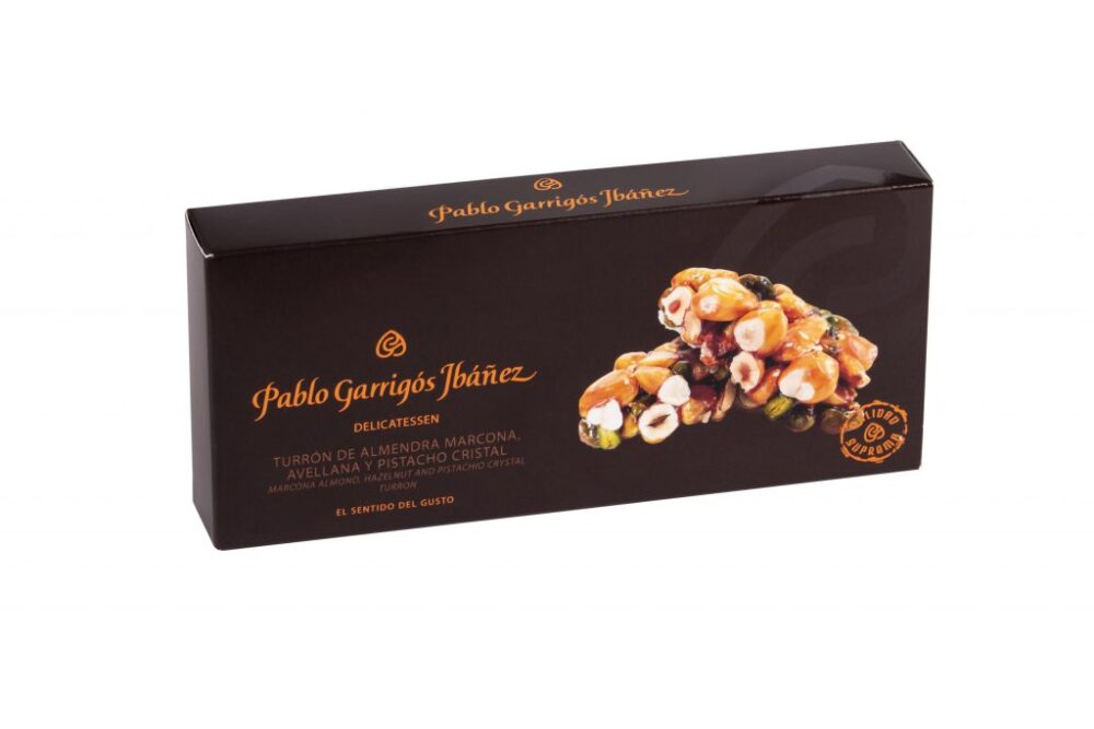 TURRÓN DE ALMENDRA MARCONA, AVELLANA Y PISTACHO CRISTAL DELICATESSEN 250G