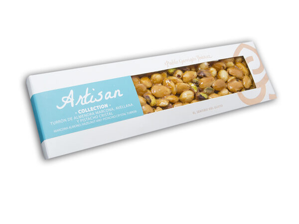 TURRÓN DE ALMENDRA MARCONA, AVELLANA, PISTACHO CRISTAL ARTISAN COLLECTION 220G.